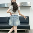 thumbnail image 4 of MKOSPLRT Jean Shorts for Girl 4-14 Years Elastic Waist Pleated Denim Shorts Baggy Wide Leg Jeans Floral Embroidery Shorts with Pockets, 4 of 9