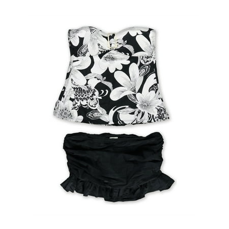 Island Escape Womens Print Ruffle Skirtini 2 Piece Bandeau blk 10