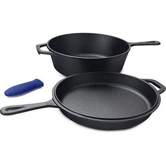 CUISILAND Cast Iron Combo Cooker 3 PCS Set, 3.2QT Wok and 10" Frying Pan with a Silicone Handle