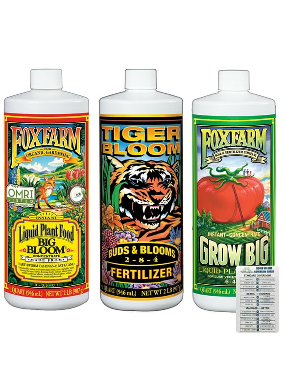 Fox Farm Nutrients Soil Trio Liquid Plant Fertilizer: Big Bloom, Grow Big, Tiger Bloom (Pack of 3 - 32 oz Bottles) + Twin Canaries Chart