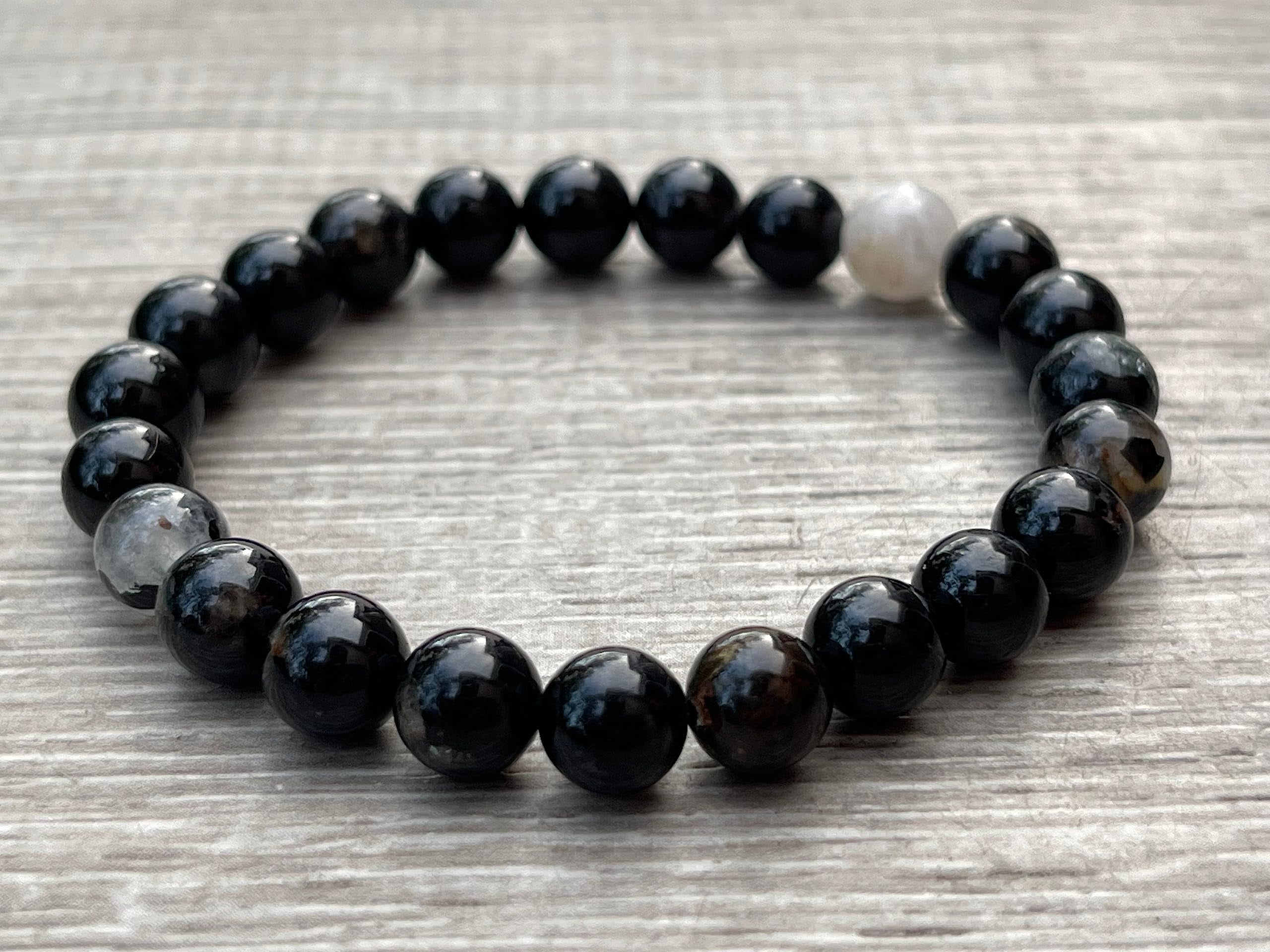 Black Tourmaline With Quartz Crystal Bead Bracelet 6-8mm, Wholesale Genuine Black Tourmaline With Quartz Stretch Gemstone Bracelet, Gift for Men & Women (5)
