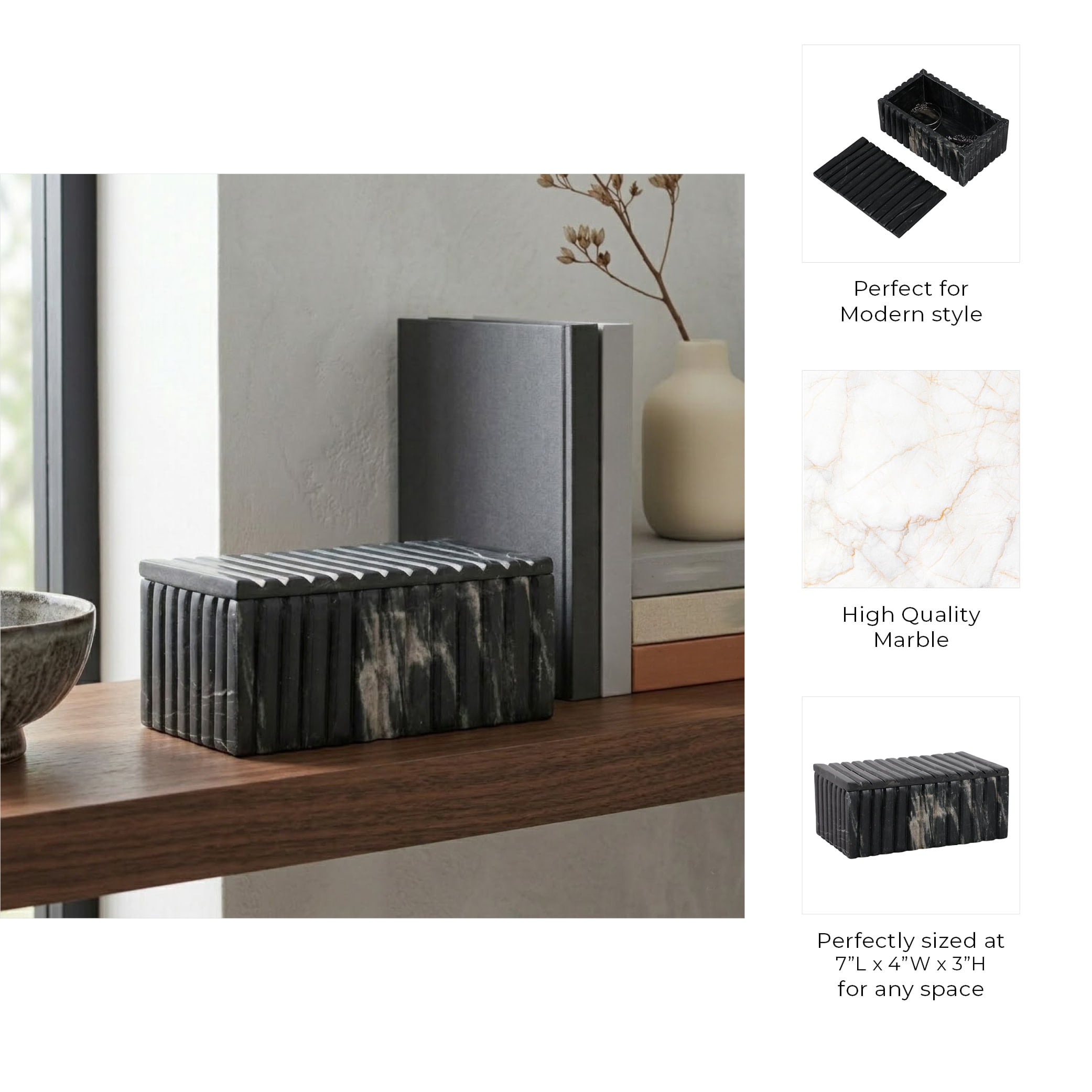 Decorative Marble Ridged Box for Home Decor- Modern Storage Box with Lid for Jewelry, Keepsake, and Shelf Accent - Home Organizer for Bedroom, Office Desk, or Living Room Decor - 3", Black