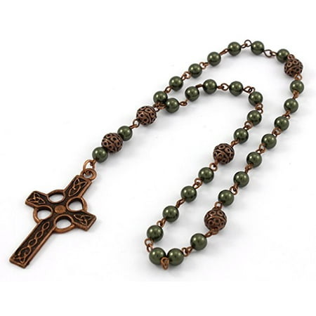 Amber Rosary Beads Anglican Prayer Beads, Anglican Rosary, Celtic Cross in Antique Copper with Green Swarovski Pearls - You Choose Pearl Color ()