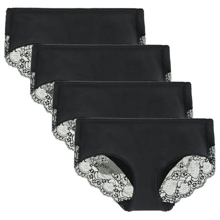 

LIQQY Women s 4 Pack Cotton Mid Rise Full Coverage Lace Hipster Brief Panty Underwear (X-Large Black)