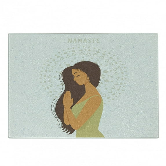 Yoga Cutting Board, Cartoon Young Long Haired Girl in Greeting Pose Namaste Practicing Yoga Meditation, Decorative Tempered Glass Cutting and Serving Board, in 3 Sizes, by Ambesonne