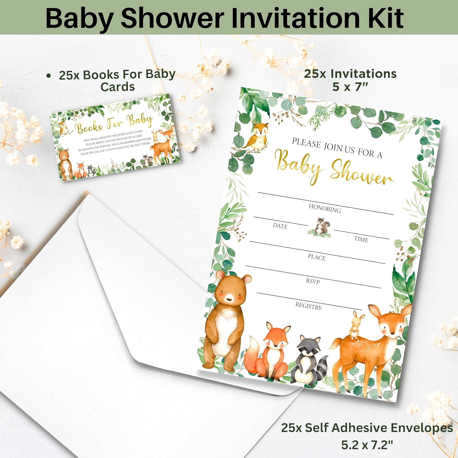 53 Pc Woodland Baby Shower Invitations for Boy or Girl – With Envelopes, Thank You Cards, Book Request, Diaper Raffle Box & Game Cards – Gender Neutral Baby Shower Party Set for 25 Guests