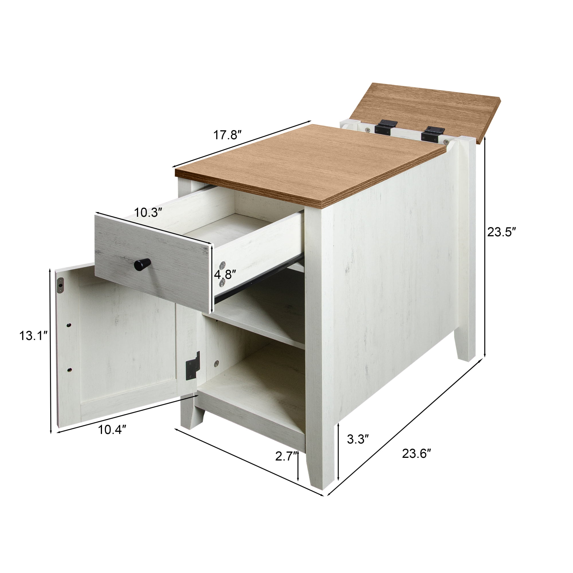 HOQBN Farmhouse End Table with Charging Station, Nightstand with Barn Door and Drawer, Bedside Table for Bedroom Living Room, Brown+White
