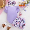 thumbnail image 4 of CAUYDY Little Kid Baby Girl Summer Short Sleeve Romper & Graphic Elastic Shorts & Headband 3Pcs Outfit Set for Newborn Toddler Girls 3-24Months (Sizes 12-18 Months,P5-Purple), 4 of 9