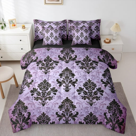 Manfei Purple Damask Flower Twin Bedding Sets 7-Piece, Tribal Hippie Mandala Bedding Comforter Set, Teen Adult Female Man Reversible Sheet Sets, Lightweight Room Decor