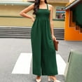 thumbnail image 3 of Womens Smocked Jumpsuit Dressy Casual High Waist Rompers with Pocket Wide Leg Sleeveless Office Work Jumpsuit, Green, L, 3 of 7