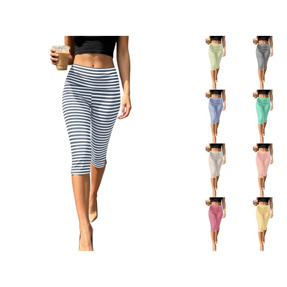 Levmjia Women Striped Capri Pants High Waisted Side Slit Stretch Tight Fit Workout Leggings Casual Athletic Cropped Leggings for Summer