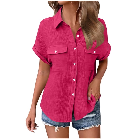 Xdegoge Button Down Shirt for Women Lapel Collar Short Sleeve Work office Casual Loose Fit Dual Pocket Detail Textured Fabric Lightweight Flowy Summer Spring Tops Soft Blouse