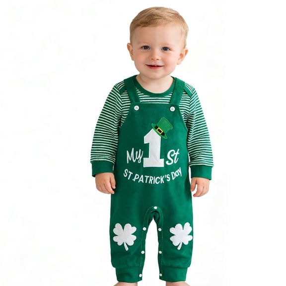 Tiijoy Boys St. Patrick's Day Stripe Long Sleeve Romper Overalls Outfits, Sizes 6-12M