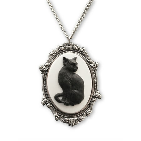 Black Cat Cameo in Antique Silver Finish Pewter Frame Pendant Necklace by Real Metal
