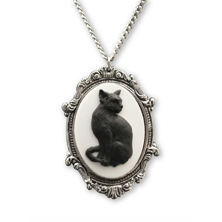 - Black Cat Cameo in Antique Silver Finish Pewter Frame Pendant Necklace by Real Metal Jewelry