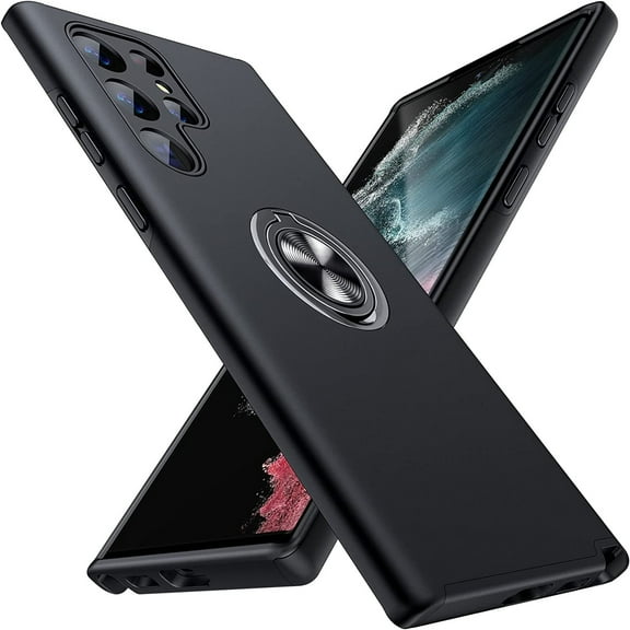 AIOVETEAB for Samsung Galaxy S22 Ultra Case,Silky Soft Touch Heavy Duty Protective Cover with Ring Holder Kickstand Magnetic Phone Case for S22 Ultra 5G 6.8'' 2022 (Black)
