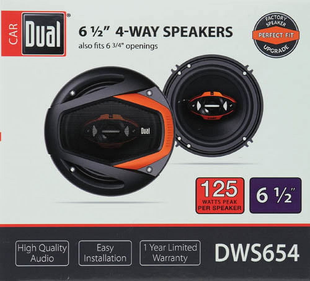 Dual DWS654 65" 4-Way Car Speakers, 125W Peak Power, Black Orange Accents, 2 Counts