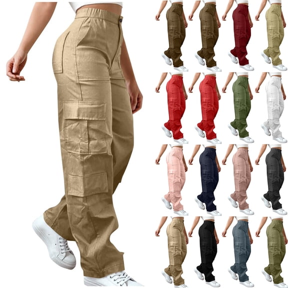HAPIMO Cargo Pants Women Casual High Waist Straight Pants Lightweight Outdoor Hiking Camping Mountain Workout Pants Elastic Waist Athletic Pants Coffee L