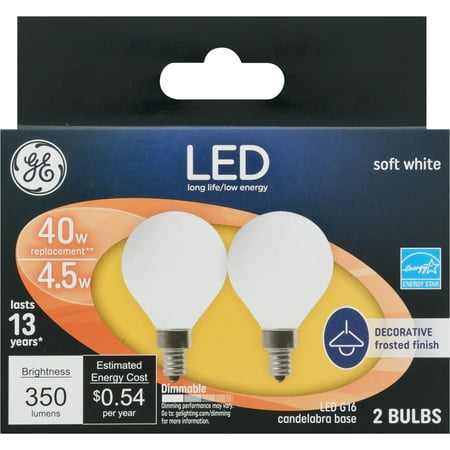 

GE 25046 Candelabra Base G16 Frost Dimmable LED Bulb Soft White 4.5W 2-Pack