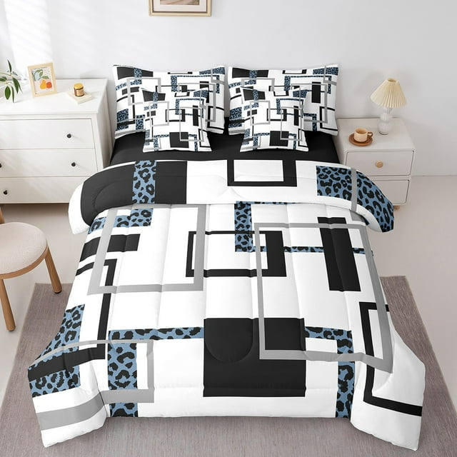 YST Ensemble Douillette 7 Pcs Style Mi-Siècle Grand Lit pour Adulte Noir Bleu à Rayures, Ensemble de Literie Imprimé Guépard Moderne, Ensembles de Lit Réversibles Noir Gris avec Drap Plat et Drap-Housse, Couvre-Oreillers