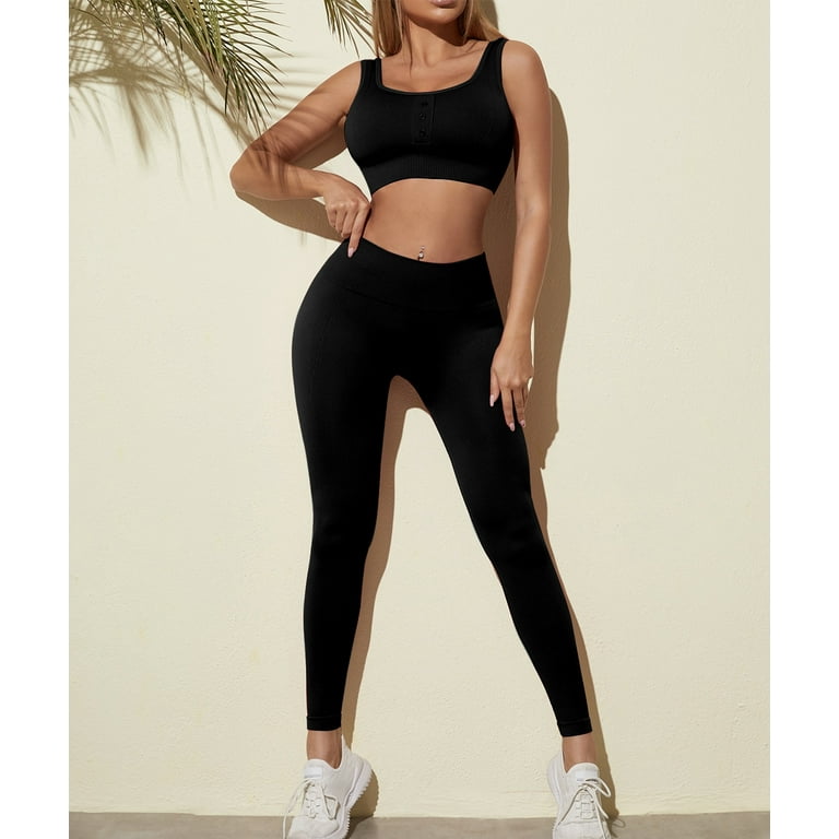 Zimi Workout Outfits for Women 2 Piece Seamless Rib-knit Sports Bra High  Waist Yoga Leggings Sets Black L
