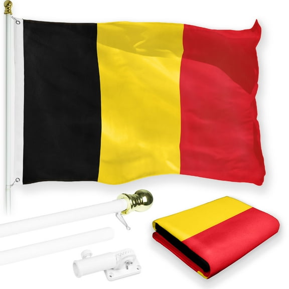 G128 Combo Pack: 6 Feet Tangle Free Spinning Flagpole (White) Belgium Belgian Flag 3x5 ft Printed 150D Brass Grommets (Flag Included) Aluminum Flag Pole