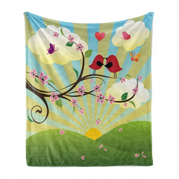 Flower Landscapes Soft Flannel Fleece Throw Blanket, Romantic Birds Humming on a Tree Branch with Flowers Print, Cozy Plush for Indoor and Outdoor Use, 60" x 80", Fern Green Multicolor, by Ambesonne