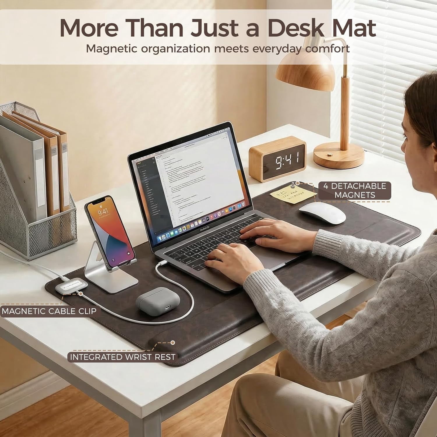 Magnetic Desk Mat System with Wrist Support 80x40cm, Premium Leather Desk Pad with Magnetic Accessories, Waterproof Non-Slip Office and Gaming Desk Organizer