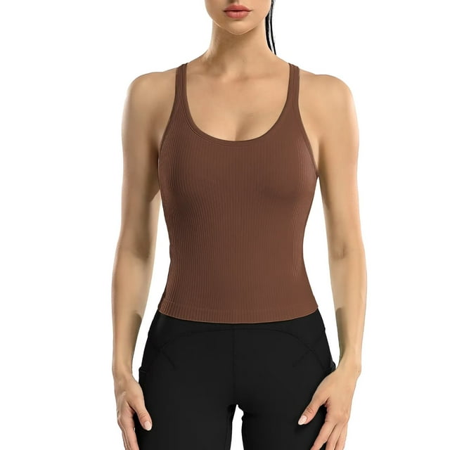 Charmo Women's Scoop Neck Ribbed Tank Tops Slim Straps Cropped Tops Built in Bra