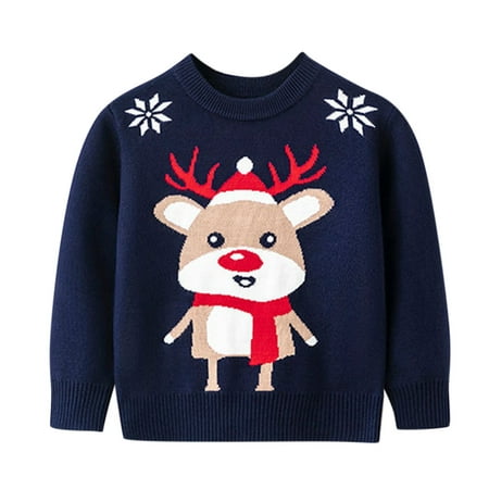 

2024 Toddler Girls Christmas Cartoon Deer Sweater Long Sleeve Warm Knitted Pullover Tops Christmas Warm Cartoon Fawn Elk Print Long Sleeve Knitted Sweater Navy (120)