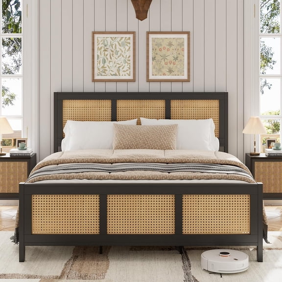 Full Size Rattan Bed Frame with Headboard,Black Boho Cane Platform Bed Frame with Metal Slat Support,Noise Free,No Box Spring Needed,Easy Assembly (Black)