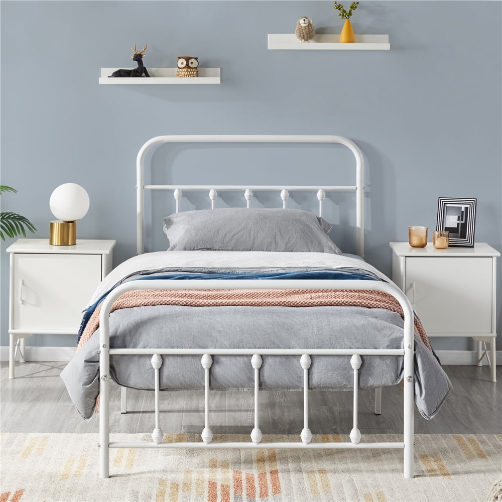 Fullfurnique Lit de plateforme métallique avec tête et pied de lit hauts pour adultes, Twin, Blanc