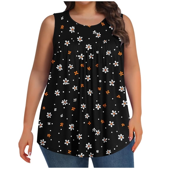 Gamivast Womens Tank Tops Plus Size Floral Graphic Loose Fit Round Neck Casual Tees Holiday Sleeveless Tunic Blouses Dressy Casual Going Out Outfits