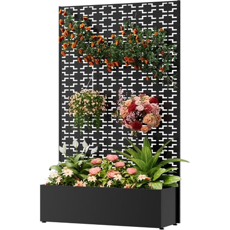 COFaR 71" Tall Metal Planter Box with Trellis & Privacy Screen, Steel Raised Garden Bed with Drainage Holes & Adjustable Feet, Outdoor Planter for Climbing Plants, Patio, Deck, Balcony(Greekkey)