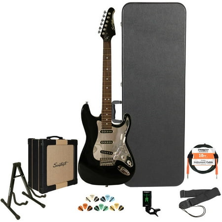 Sawtooth ES Series Electric Guitar with 25 Watt Sawtooth Amp & ChromaCast Accessories, Black w/ Chrome Pickguard (Box 1 of 2)