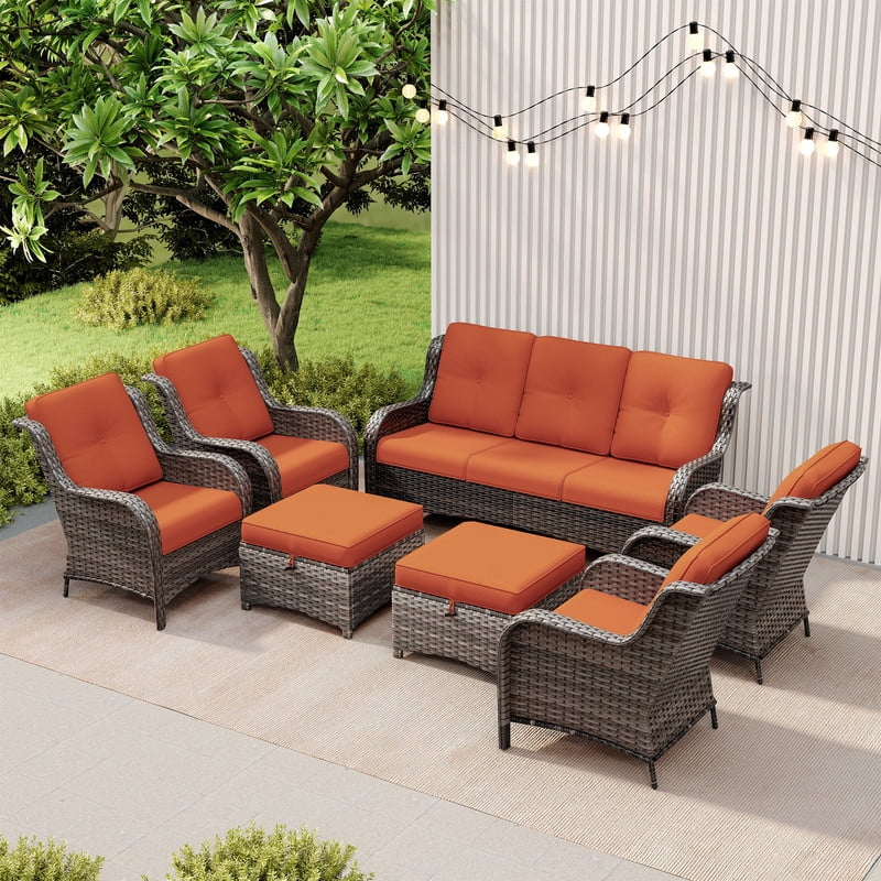 Meetleisure 7 Piece Wicker Patio Furniture Set, Rattan Chairs with 3-Seater Sofa, Ottomans, High Back, Deep Seating, Wide Armrest, Thick Cushions for Deck Porch, Orange