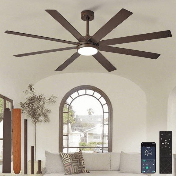 66-Inch Indoor/Outdoor Ceiling Fan with Light - 8-Blade in Brown Walnut, Remote & App Control, Dimmable 3CCT LED, Quiet DC Motor
