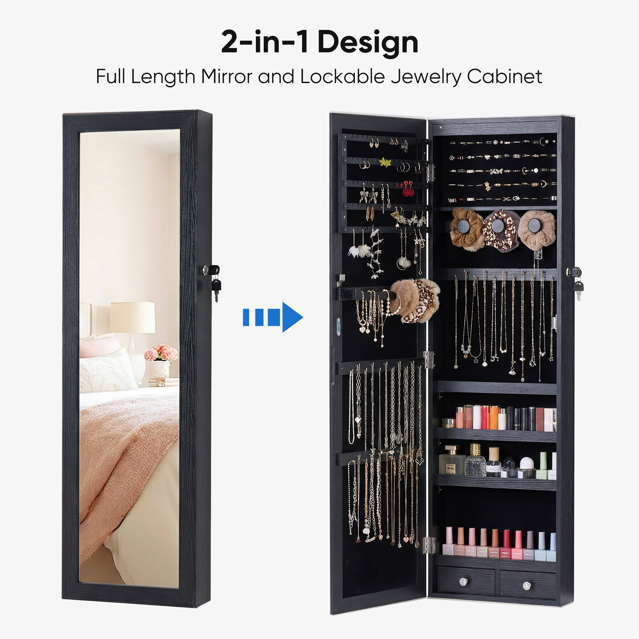 edx 43.8" Full-Length Mirror Jewelry Cabinet with LED Lights, Black photo 7
