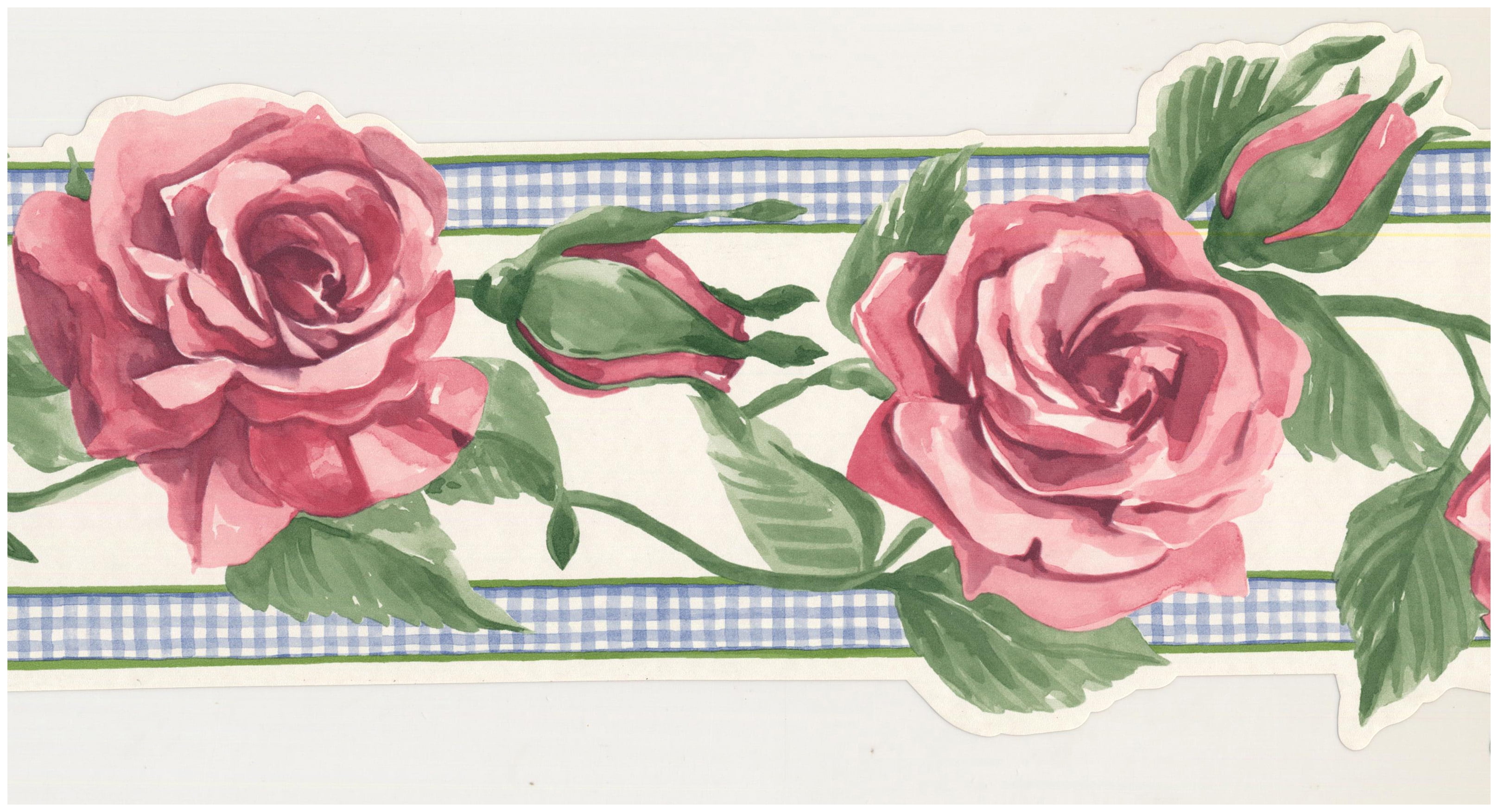 Prepasted Wall Border Painted Bloomed Rouge Pink Roses on Vine Scalloped Wallpaper Border