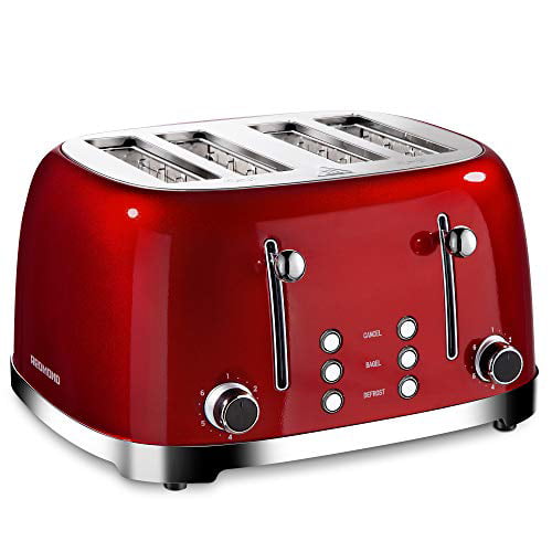 Red ST033 6 Browning Settings REDMOND 4 Slice Toaster Retro Stainless Steel Toasters with Bagel Defrost Cancel Function