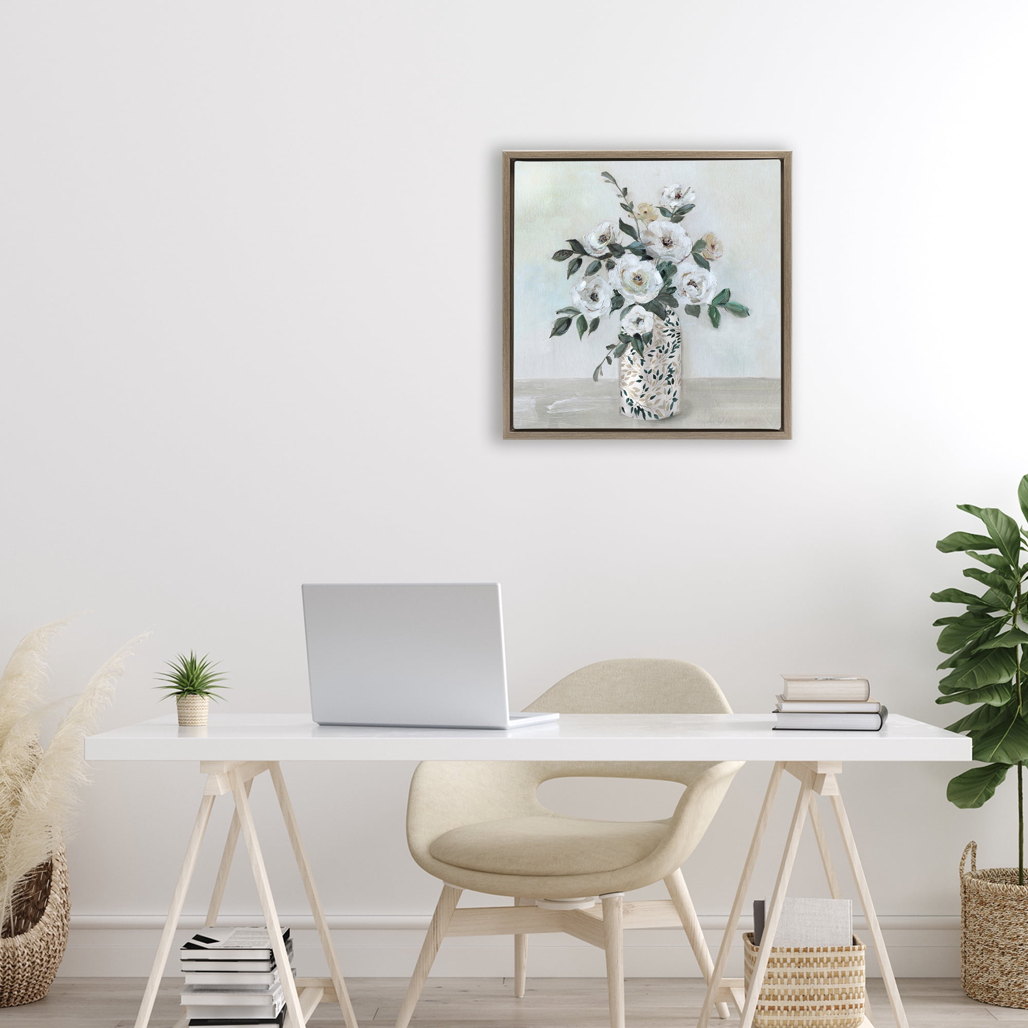 Stupell Industries Leaf Patterned Flower Vase Brown Framed Floater Canvas Wall Art, design by Sally Swatland