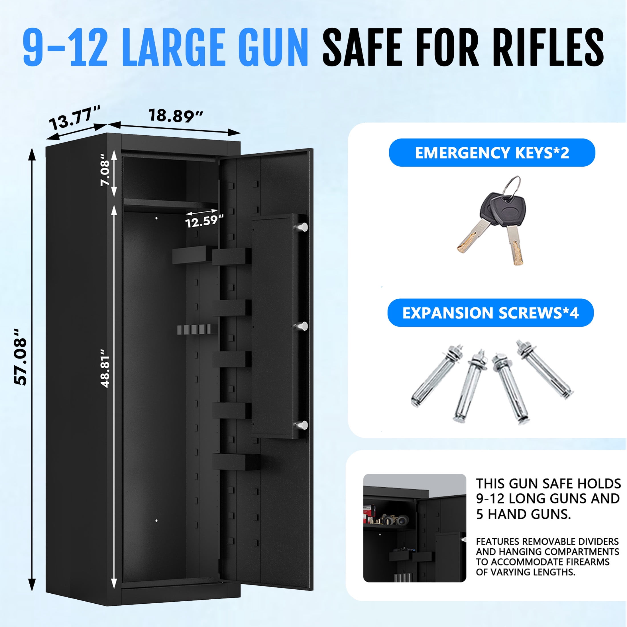 Sapital gun safe, biometric rifle and shotgun safe, heavy-duty assembled gun cabinet with adjustable storage compartments, suitable for bedrooms, living rooms, and wardrobes (black).