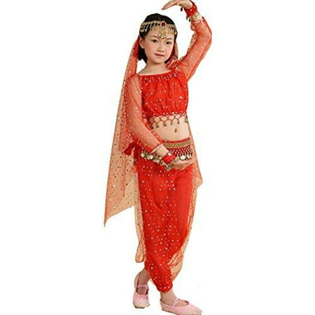 astage little girl`s belly dance costumes,long sleeve highlights top ,pants red