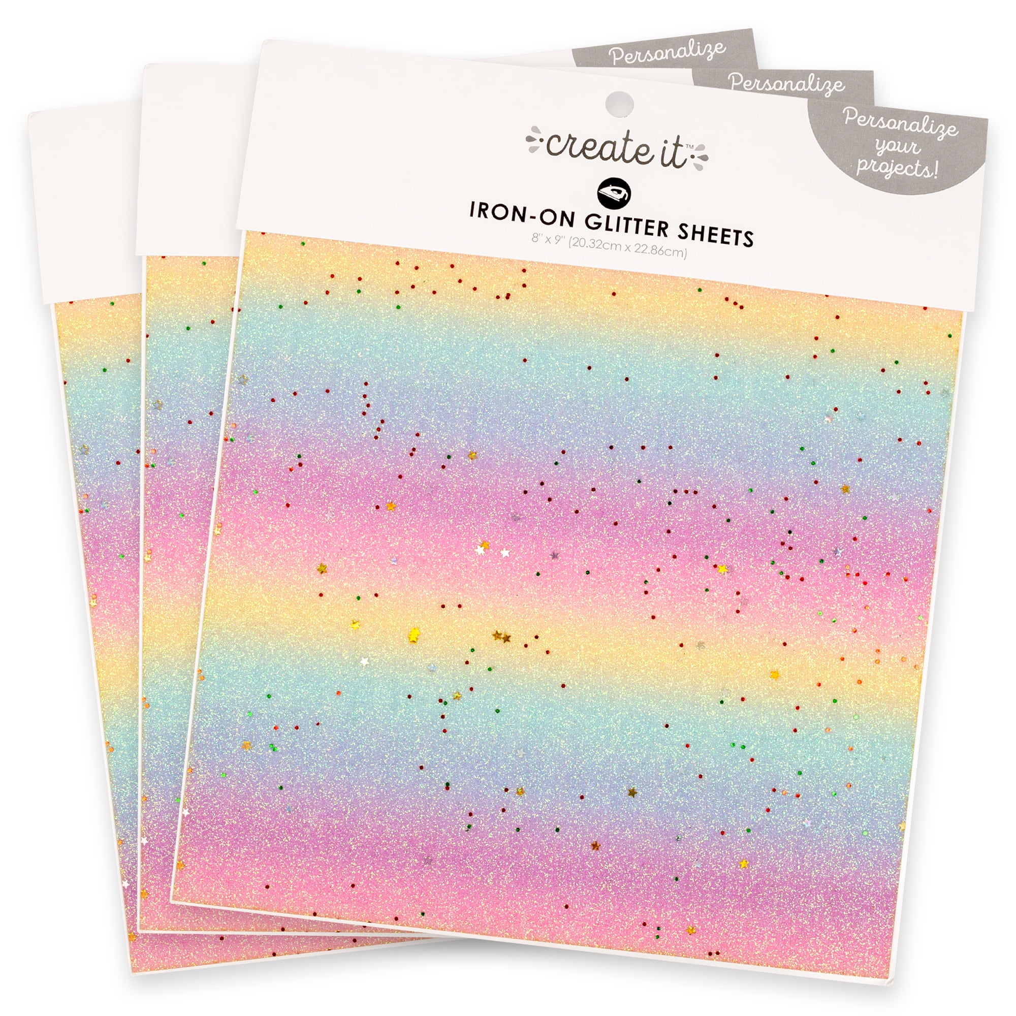 Create It Rainbow Glitter Sheet – Iron-on; Multicolor 9in Tall, 3 Piece