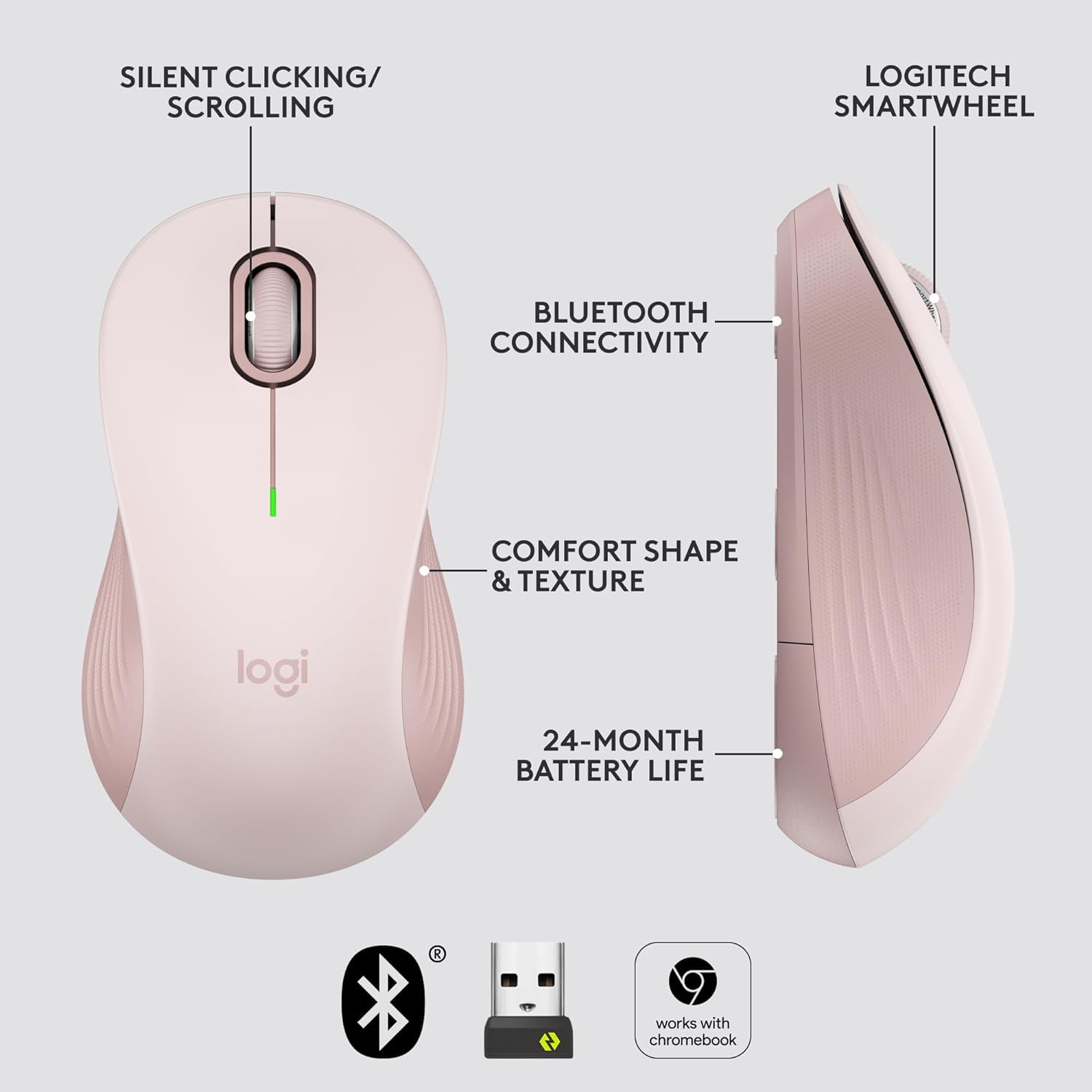 Logitech Signature M550 Wireless Mouse - For Small to Medium Sized Hands, 2-Year Battery, Silent Clicks, Bluetooth, Multi-Device Compatibility - Rose