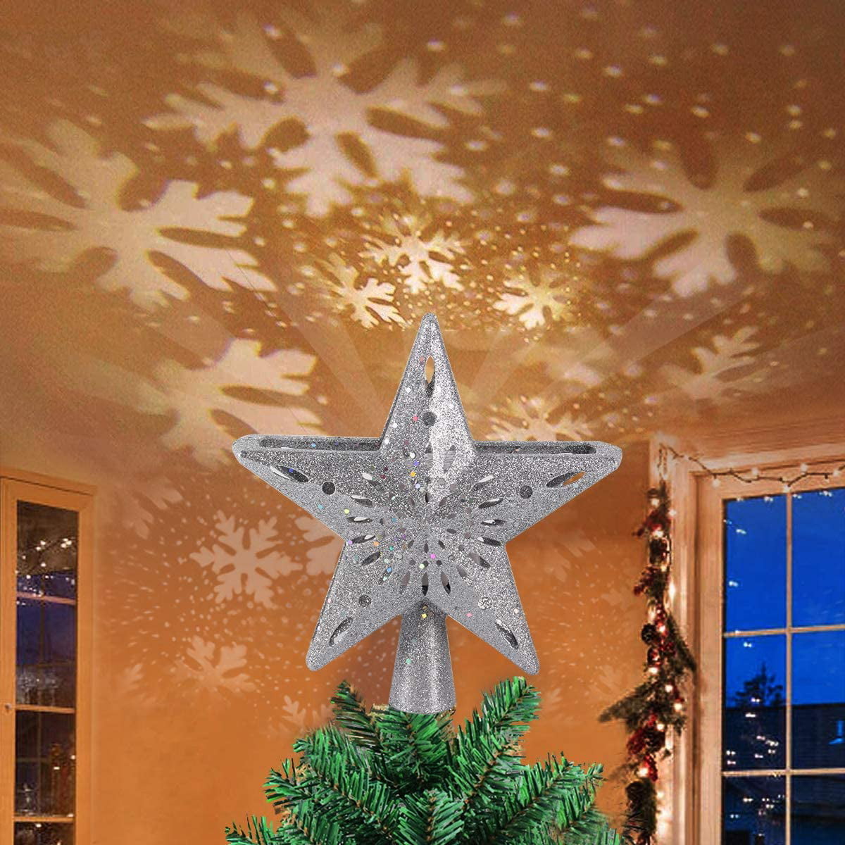 Christmas Tree Topper Lighted Star LED Projector Rotating Snowflake Decor Lamp 