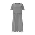 thumbnail image 3 of Sundresses for Women 2025 Plus Size Short Sleeve Crew Neck A-Line Flowy Pleated Waist Summer Midi Swing Beach Dresses Gray XL, 3 of 10