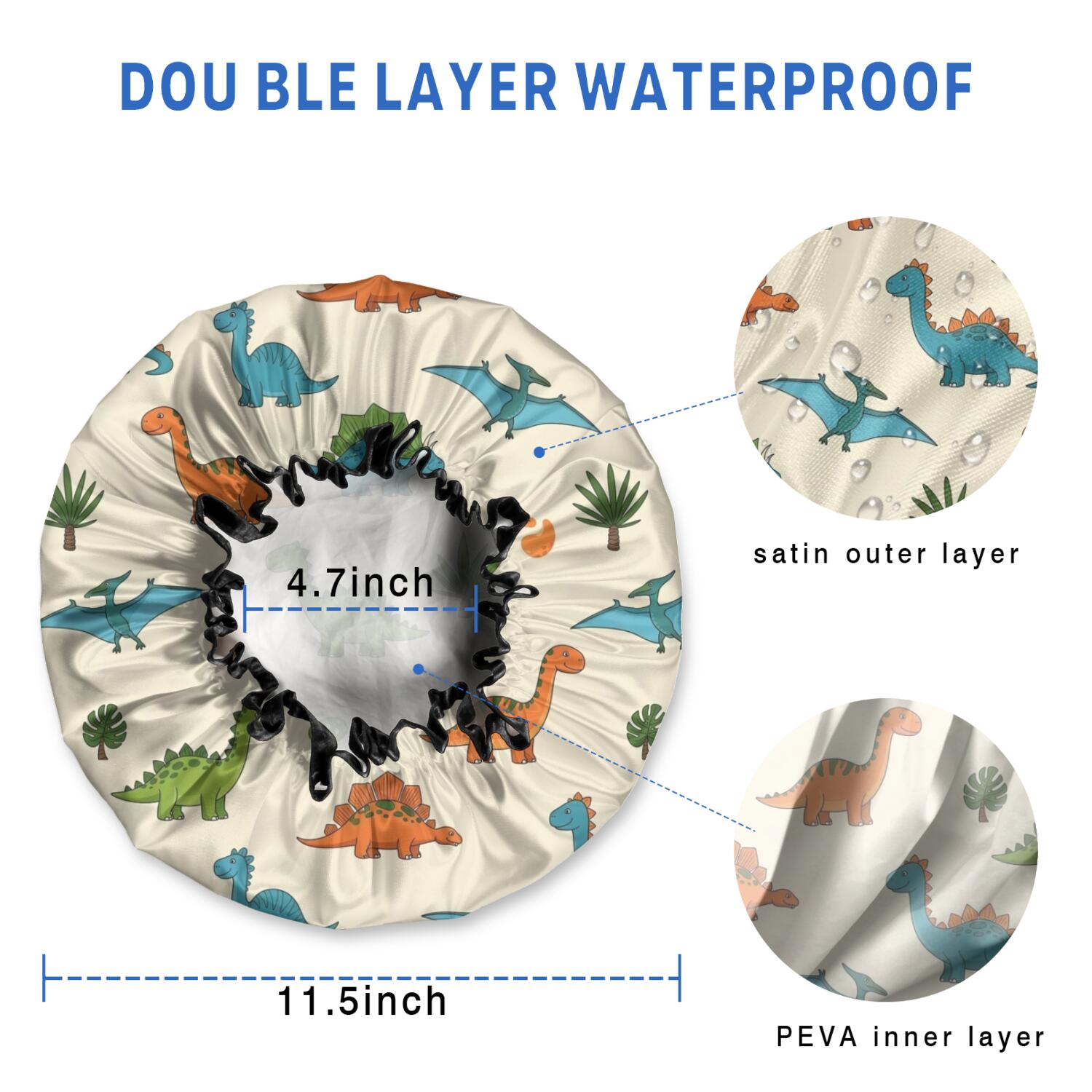 Shower Caps,Colorful Dinosaur and Leaf Pattern Waterproof Shower Cap for Women 4 Pieces,Double Reusable Hair Cover for Shower PEVA Elastic Stretch Hem