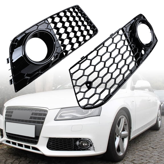 Astra Depot Glossy Black Car Front Bumper Fog Light Mesh Grille Fit 2008-2012 Audi A4 B8 Pre-LCI