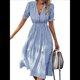 thumbnail image 1 of Vestido de Verano para Mujer, con Mangas Abullonadas y Volantes, Cuello en V, Cintura Alta, Informal, Holgado, A Rayas, Midi Azul Real S, 1 of 7